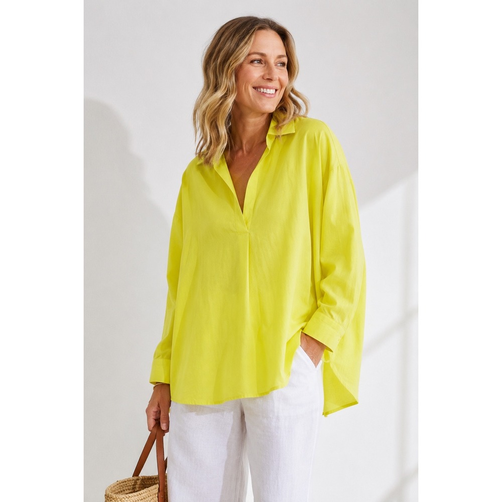 J.Jill V-Neck Tunic Blouse Womens L‎ Tall Yellow Cotton Modal Long Sleeve Summer